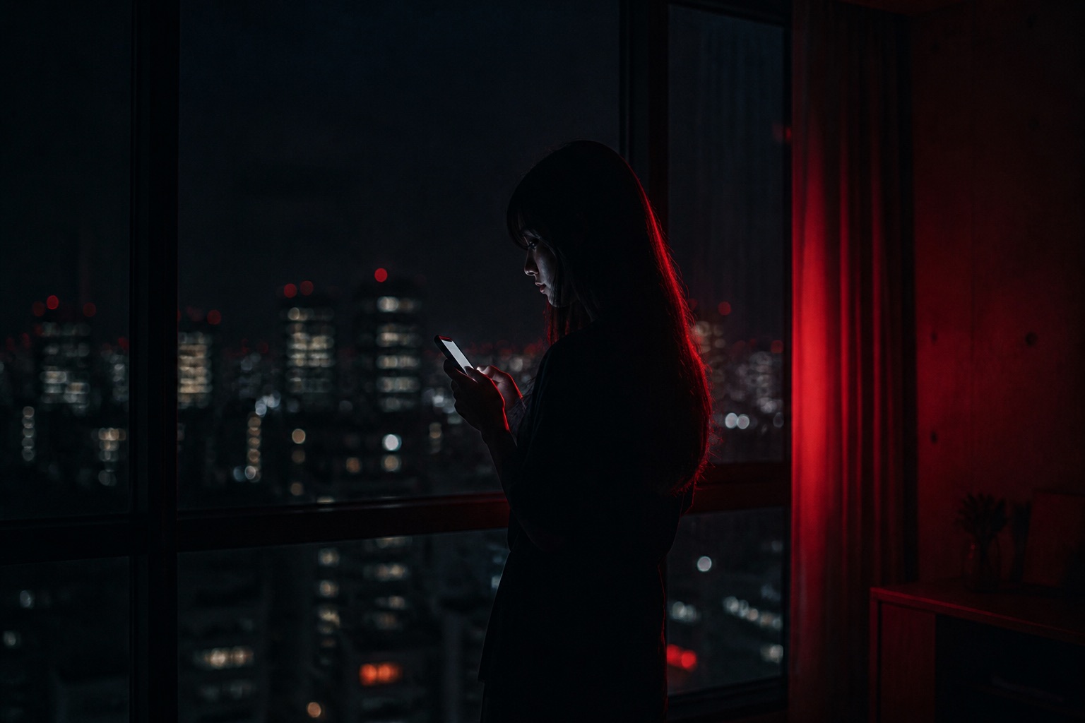 夜の窓辺でスマートフォンを見る人影
